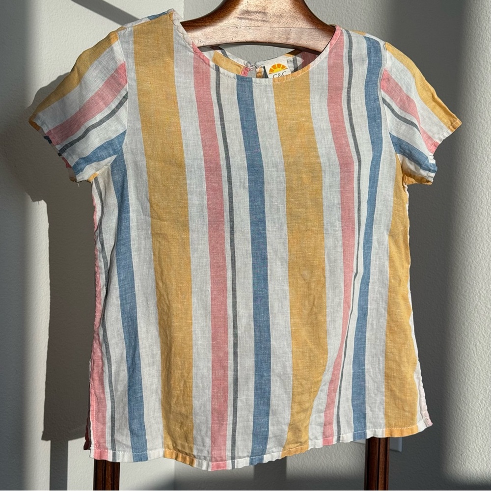 C&C California 100% Linen Striped Short Sleeve Top Size L Coastal Beach Summer